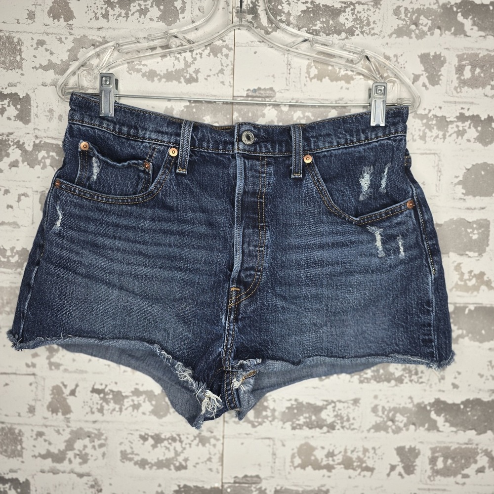 Levis 501 Jean Shorts Womens 31 Distressed Button Fly Dark Blue Wash 100% Cotton